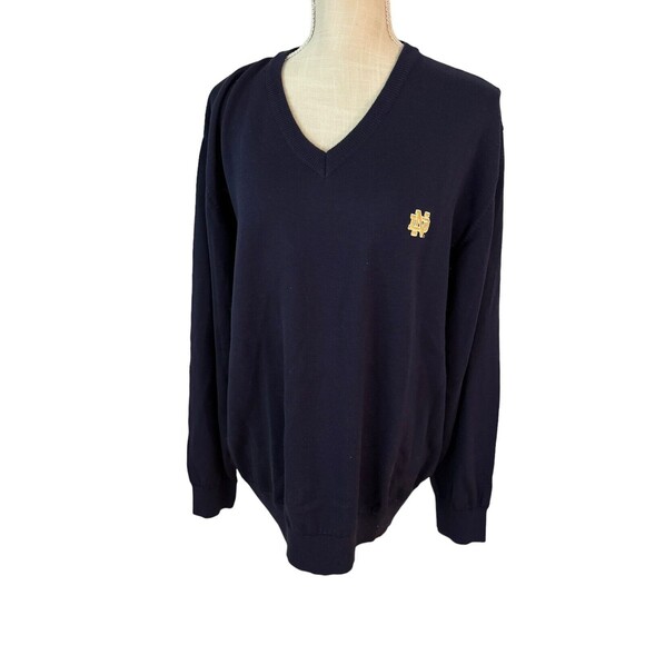 Notre Dame Gold Men's XL‎ Merino Wool Navy V-Neck Sweater Embroidered Logo - Picture 1 of 8
